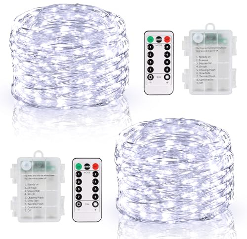 DBFAIRY 2x10M 100 LED Lichterkette Batterie mit Timer für Innen Außen Deko | Wasserdicht Lichterketten Draht mit Fernbedienung 8 Modi für Party Hochzeit Weihnachten Deko (Weiß)