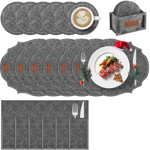 Witnewrage Tischsets Platzsets Filz, Platzsets Abwaschbar, rutschfest Platzdeckchen, Tischsets Filz 19er Set: 6 Tischsets Abwaschbar, 6 Untersetzer, 6 Bestecktasche, 1 Filzbox -Polygon, Mittelgrau