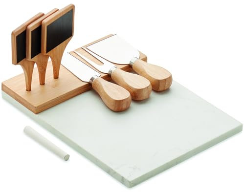 noTrash2003 Plateau à fromage en marbre avec couverts à fromage, couteau à fromage, fourchette à fromage, fourchette à fromage et étiquette en bois à écrire soi-même, 100-6046