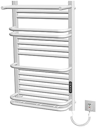 JUVELIO Radiator Towel Rail, Digital Display Towel Warmer 80×50×30Cm Electric Heated Towel Rail 445W Electric Towel Radiator Wall Mounted Adjustable Temperature and Timing White, Right Line