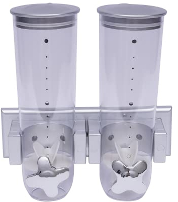 Dispensador de cereales de 3 l, para pared, para cereales, dobles, para dulces, cereales, color plateado, con 2 recipientes, 29 x 15 x 30 cm