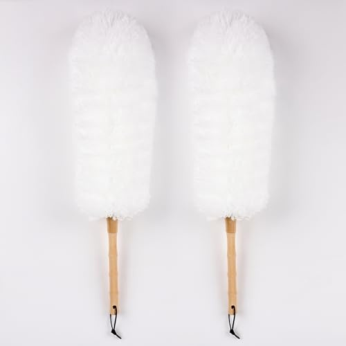 MAOFENG Microfiber Feather Duster 22in Bendable Washable Fibre Head Wooden Handle Grip For Furniture, Car And Louver, Microfiber Duster,White 2PCS