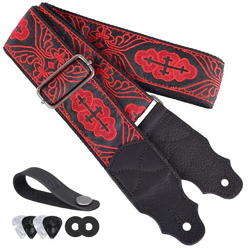 YIKOKO Gitarrengurt Kopfschicht Rindsleder Ende 2 Zoll für Akustik- und Bass-E-Gitarren, Rotes Kreuz, Adjustable from 38″ to 64″