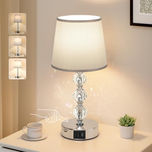 Aooshine Table Lamps for Living Room, Bedside Lamps for Bedroom, Touch Table Lamps with USB-C USB-A Charging Ports, Bedroom Lamps with Grey Shade (LED Bulb Included)