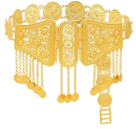 Wvapzxx Pièces de Monnaie en Or, Ceinture en Métal, Bijouterie Corporelle, Maroc, Turquie, Kurdes, Arabes, Femmes Ethniques, Chaînes de Taille, taille unique, alliage de zinc