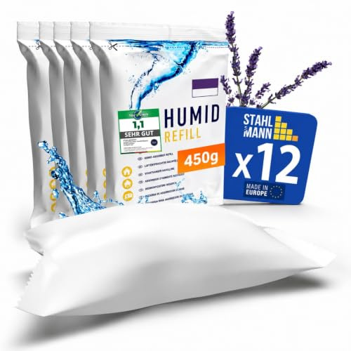 STAHLMANN® Luftentfeuchter Nachfüllpack [12x400g] Granulat Lavendel Duft | Entfeuchter Nachfüllpack 12 x 400 g | Luftentfeuchter Granulat ohne Strom | Lavendel | Made in EU