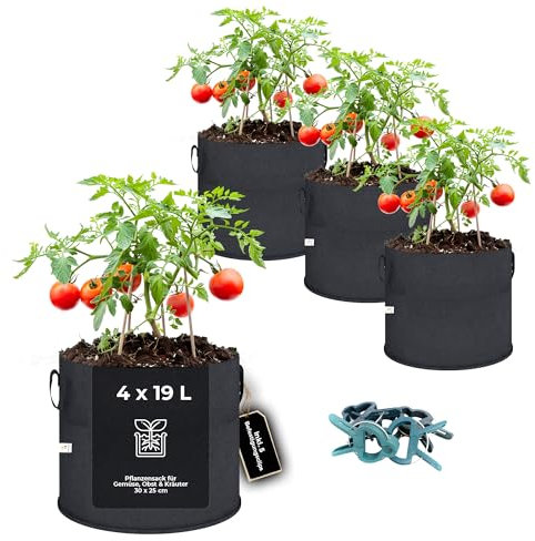 HaniHani® Set di 4 sacchi per piante da 19 l, con manici, robusti vasi in tessuto non tessuto, riutilizzabili, traspiranti e durevoli, ideali per giardino, terrazza e balconi