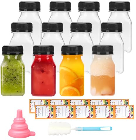 DBTW Wiederverwendbare leere Flaschen, 120 ml, 12 Stück Kunststoffflaschen mit Deckel, Saftflaschen, klare Milchflaschen mit Aufklebern, Reinigungsbürstentrichter, transparente Kunststoffflaschen für