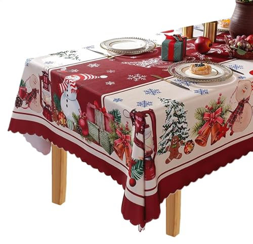Tovaglia natalizia in poliestere, rettangolare, lavabile, grande, con agrifoglio, Babbo Natale, pupazzo di neve, impermeabile, in plastica