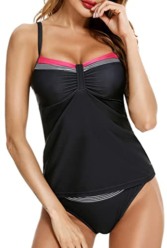 Aottori Tankini Damen Set Badeanzug Zweiteilig V-Ausschnitt Bademode Bauchweg Beachwear Push Up Badeanzüge Sommer Tankini Oberteil mit Badeshorts Schwarz XL
