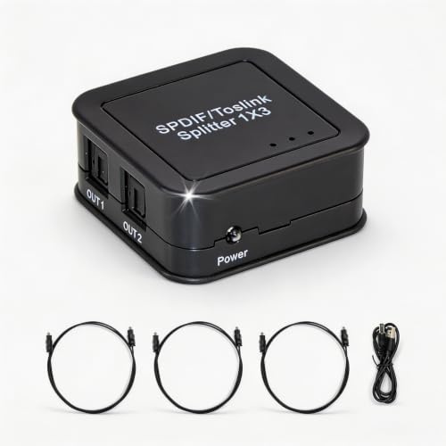 Digital Optical Audio Splitter 1x3 SPDIF/Toslink Optical Audio Splitter | Support Dolby Digital & DTS 5.1 for PS3, Xbox, Blue-Ray DVD, HDTV,TV Box, 1 Input 3 Output