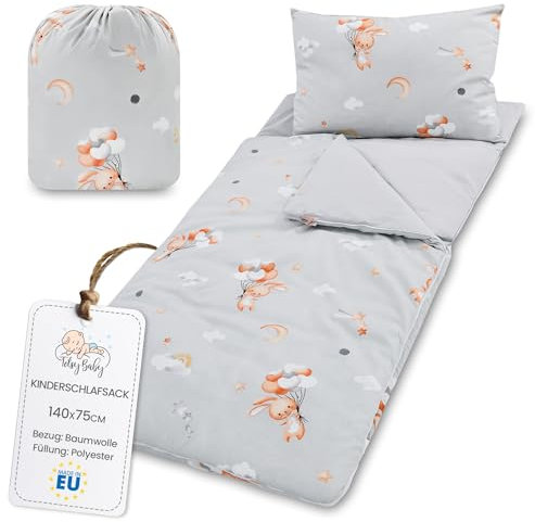 Schlafsack Kinder mit Kissen und Reißverschluss für Baby 3-7 Jahre - 75x140 cm Kinderschlafsack Indoor für Kindertagesstätte Kindergarten Deckenschlafsack Oeko-Tex 75 x 140 Kaninchen