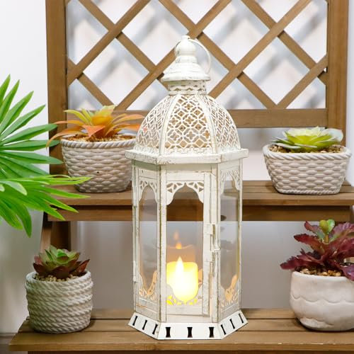 JHY DESIGN Hanging Candle Lantern Decorative 38cm High Hexagonal Retro Hollow Dome Candlestick Metal Candle Holder for Garden Indoor Outdoor Home Decor (White)