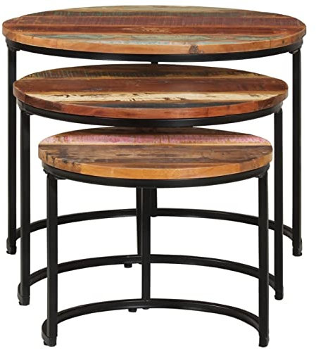 Satztisch-Set aus massivem Altholz für Wohnzimmer und Schlafzimmer, 3-teiliges Couchtisch, Couchtisch, Akzent-Beistelltisch, Sofa, Aufbewahrungsmöbel
