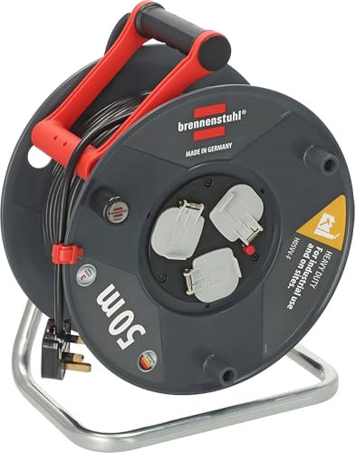 Brennenstuhl Garant Kabeltrommel 50m (Made in Germany, Verlängerungskabel mit 3 Steckdosen und Thermoausschaltschutz, ergonomischer Griff)