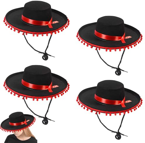 usefulbeauty 4 Stücke Spanischer Hut Mit Bommeln - Huts Espagnol Deluxe - Erwachsenenkostüm Spanischer HutSchwarz Rot Matador Sombrero
