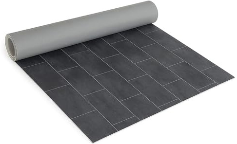 Internethandel Pfordt CV Bodenbelag Vinyl Fliesen Optik Dunkelgrau, 800x200 cm, pflegeleichter PVC Vinylboden, Meterware für Küche und Wohnzimmer