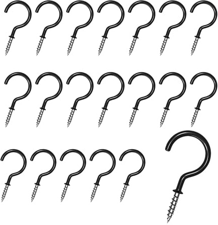VNIDJGB 20 Pcs Hooks for Hanging, 1 Inch Metal Ceiling Hooks Wall Hook, Vinyl Coated Cup Screw in Hooks, Multipurpose Screw in Hook, for Hanging Plants, Cups, Lights, Kitchen Utensils.(Black)