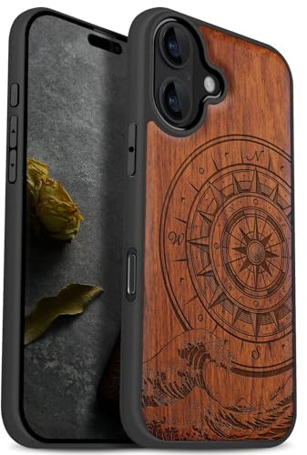 Carveit Coque en Bois pour iPhone 17, (Rosé-Boussole Vagues) | Magnétique Protection Coque de Téléphone Antichoc Bumper TPU Compatible Magsafe pour iPhone 17 Étui Bois