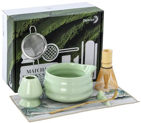DOWAN Matcha Set, 7 Stück Matcha Tee Set, Matcha Zubehör Grün, Matcha Besen Set Keramik, Matcha Schale mit Ausgießer, Matcha Kit mit Bambusbesen, Matcha Geschenkset