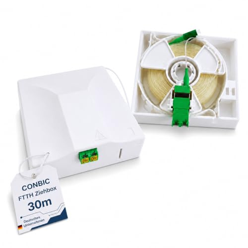 CONBIC FTTH Ziehbox 30m – vorkonfektioniertes Glasfaserkabel LC/APC 8°, OS2 Patchkabel transparent, 0,9 mm, G.657.B3 für Router
