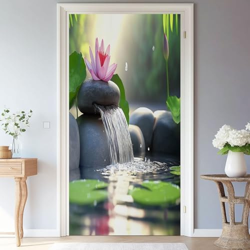 Türtapeten 3D Selbstklebend Natur Zen Steine Blumen Schwarz Grün Türposter Türaufkleber Wasserdicht Abnehmbar Türfolie Fototapete DIY Wandbild für Wohnzimmer Badezimmer, PVC Material, 90 x 200 cm