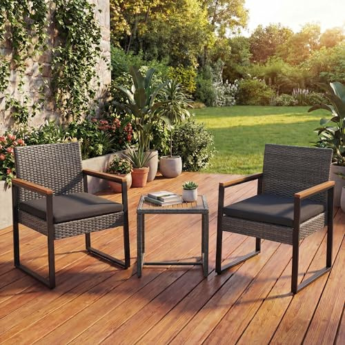 Mendler Poly-Rattan Garnitur HWC-P74, Lounge-Set Garten 2X Stuhl Tisch, Akazie Holz Stoff 180g/m² - grau, Polster grau