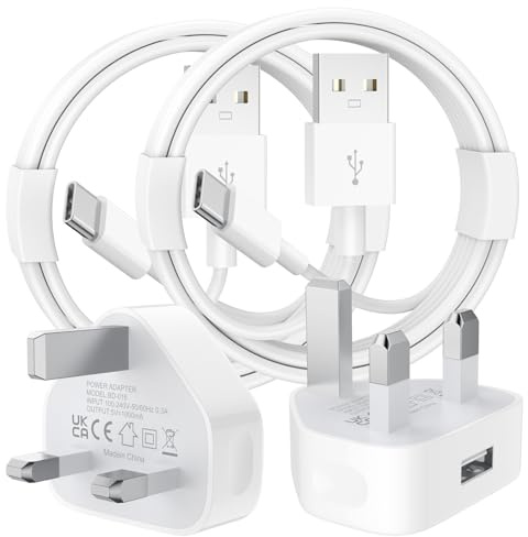 USB Charger Plug 2 Pack 5W USB Chargers UK 3 Pin main 5V 1A Wall Charging Power Adapter with USB A to USB C Cables 1M Phone Charging Head for iphone 15/16/17 Plus/Pro Max/iPad/Samsung,USB Device white