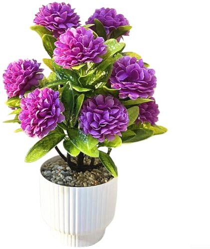 Bola de crisantemo artificial con flores de seda realistas en maceta de plástico para mejorar la sala de estar, dormitorio o áreas de estudio (morado)