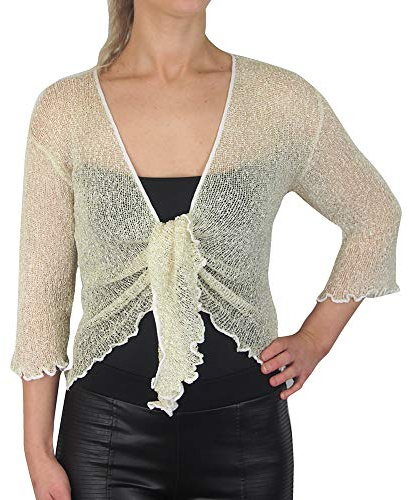 Mimosa Ladies Crochet Shrug Bolero Glitter or Plain Super Stretchy Lace Fish Net Tie at Waist Bolero Open Cardigan Fits UK 6-28