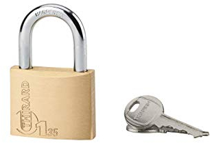 Cadenas Type 1 à Anse, 35 MM Doré Usage Intérieur - Double Verrouillage à Goupilles - Corps Laiton et 2 Clés Acier- Anse Ø5,5 MM, Htr 20 MM, Largeur Utile 19 MM, Acier Cémenté Nickelé - THIRARD