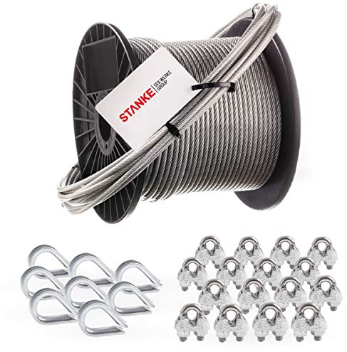 Seilwerk STANKE Cuerda de acero galvanizado en cubierta de PVC 100m, Cuerda de acero con diámetro 3mm 6x7, 8x guardacabo, 16x abrazadera - SET 3