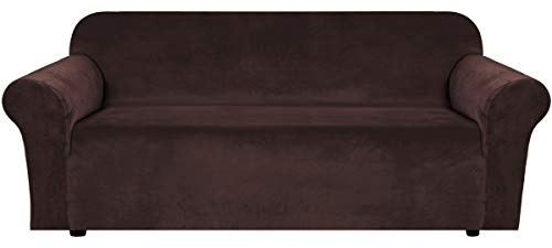 BellaHills Velvet Sofa Slipcover Stretch Large Couch Covers Soft Sofa Cover Furniture Protector with Non Slip Straps, Slipcover for Sofa, Couch Covers for Dogs, Couch Slipcover (3 Seater, Brown)