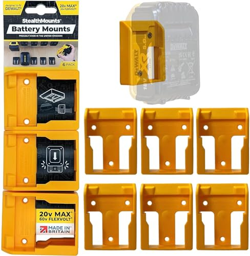 StealthMounts Yellow Battery Mounts Compatible with DeWalt, 6 Pack | Battery Holder, Wall Mounted Holders for Power Tool Storage & Accessories, Made in the UK