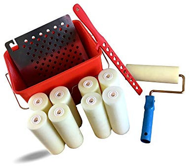 Ensemble à peindre complet | 9 rouleaux mousse alésage 8 mm | Monture courte | Seau 10 litres | Mélangeur plastique | Grille essorage acier galvanisé | Kibros SO108A