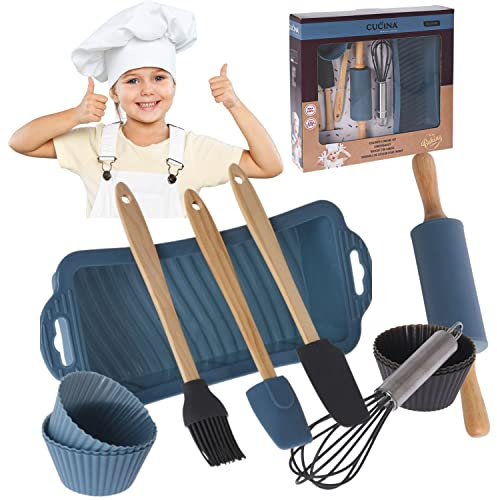 12 Piece Children’s Cooking and Baking Set, Including Rolling Pin, Silicon Moulds, Whisk & Brush, Little Chef Baker Professional Role Play