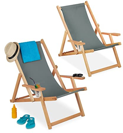 Relaxdays Liegestuhl, Holz, 2er Set, klappbarer Sonnenstuhl, Relaxliegestuhl, Buchenholz, HxBxT: 84 x 70 x 102 cm, grau