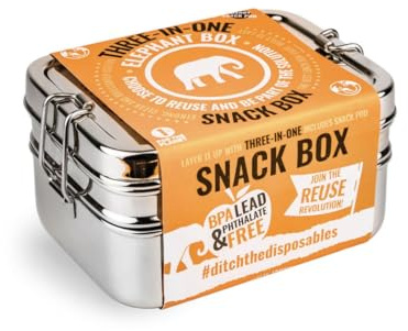 Elephant Box Stainless Steel Bento Snack Box | 3-in-1 Eco Friendly & Plastic Free, Compartment Lunch Box, 2 Tiers and Snackpod (Total Capacity 950ml)