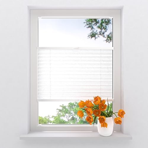 Plissee mit Bohren 100 x 130 cm Schneeweiß lichtdurchlässig, plissee innen, Montage ohne Bohren möglich, Fenster rollos für innen, Fenster plissee, pliseerollos, plissees