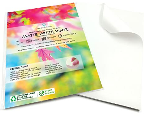 Evergreen Goods A4 White Matte Self-Adhesive Vinyl Sticker | 20 Sheets