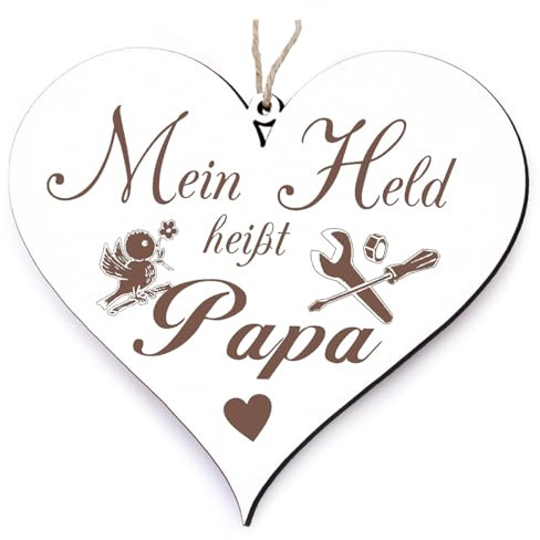 Papa Holz Deko Herz - Mein Held heißt Papa + Anhänger Bester Papa der Welt - Vater Papi Väter Weihnachten Geburtstag Vatertag Vintage Holzschild Holzherzen