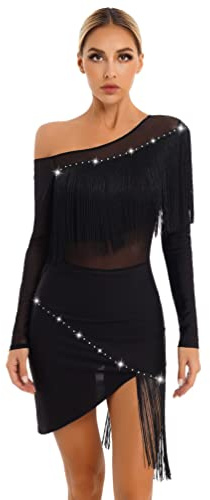 Vestido Mujer Baile Latino Lentejuelas con Flecos y Manga Hombro Elegante A Negro M