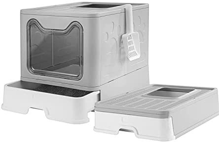 SHISHI Bac à Litière pour Chat Fermée, Grande Maison de Toilette Chat Pliable avec Couvercle, Tiroir à Litière avec Pelle, WC pour Chats, Jusqu'à 7 kg (Gris XL 51×41×38 cm)