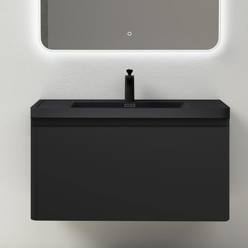 Mai & Mai Badmöbel-Set Waschbeckenunterschrank 90x48x50cm in Matt Schwarz mit Softclose Schubladen inkl. Mineralguss Waschbecken und LED-Spiegel Ancona