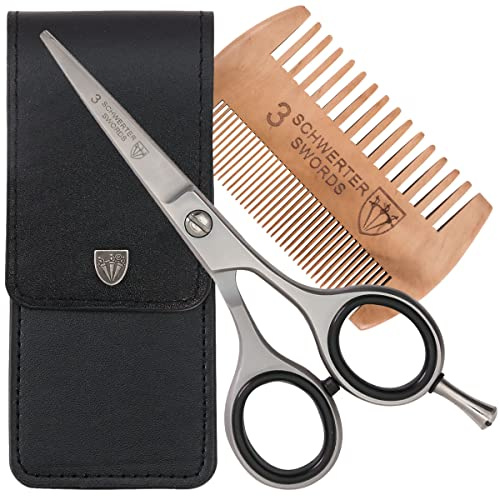 3 Swords Germany – professional BEARD MUSTACHE HAIR SCISSORS with BEARD COMB, stainless steel, straight blade, sharp, with black case