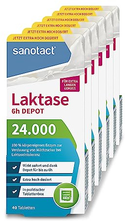 sanotact Laktase 24.000 6h DEPOT (6 x 40 Laktasetabletten) • Laktose Tabletten mit Depot-Wirkung • Bei Laktoseintoleranz & Milchunverträglichkeit • Sofortwirkung & 6h Langzeit-Depot