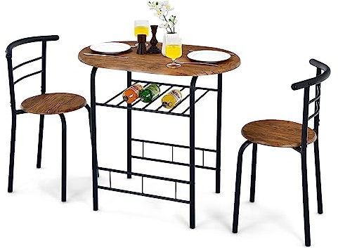 HOMASIS 3-Teilige Essgruppe Set mit Weinregal, Küchentisch & Stühle aus Holz & Metall, Esszimmerstühlen mit Rückenlehnen, Esstisch Set Sitzgruppe für Küche & Esszimmer (Braun)
