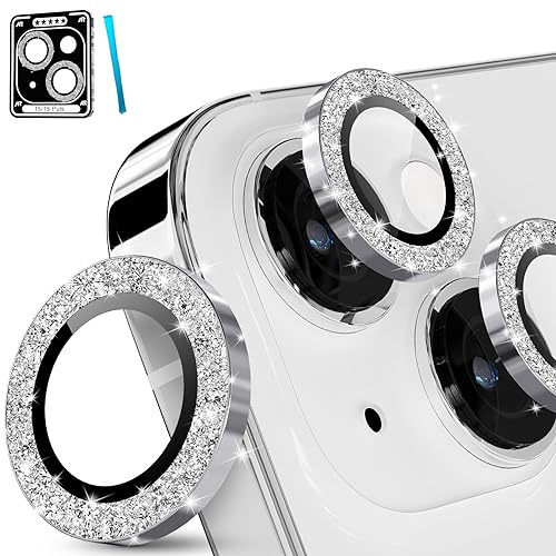 imluckies for iPhone 15 - iPhone 15 Plus Camera Lens Protector Bling, HD Clear Aluminum Alloy Individual Ring, 9H Tempered Glass Camera Back Screen Protection Film, Glitter Silver
