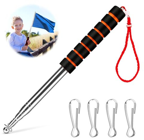lefeindgdi Handheld Teleskop Fahnenmast, Teleskopstab Fahnenstange Ausziehbar mit 4 Stücke Fahnenmast Clip Haken,Edelstahl Teleskop Fahnenstange für Reiseleiter/Lehrer/Camping/Ausflüge/Wettbewerbe