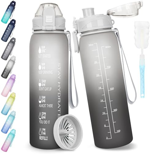 AOPREL Trinkflasche 1l, Wasserflasche BPA-Frei, Trinkflasche Sport Auslaufsicher, Sportflasche mit Zeitmarkierung für Fahrrad, Fitness, Büro, Schule, Yoga, Outdoor(1 Packung)